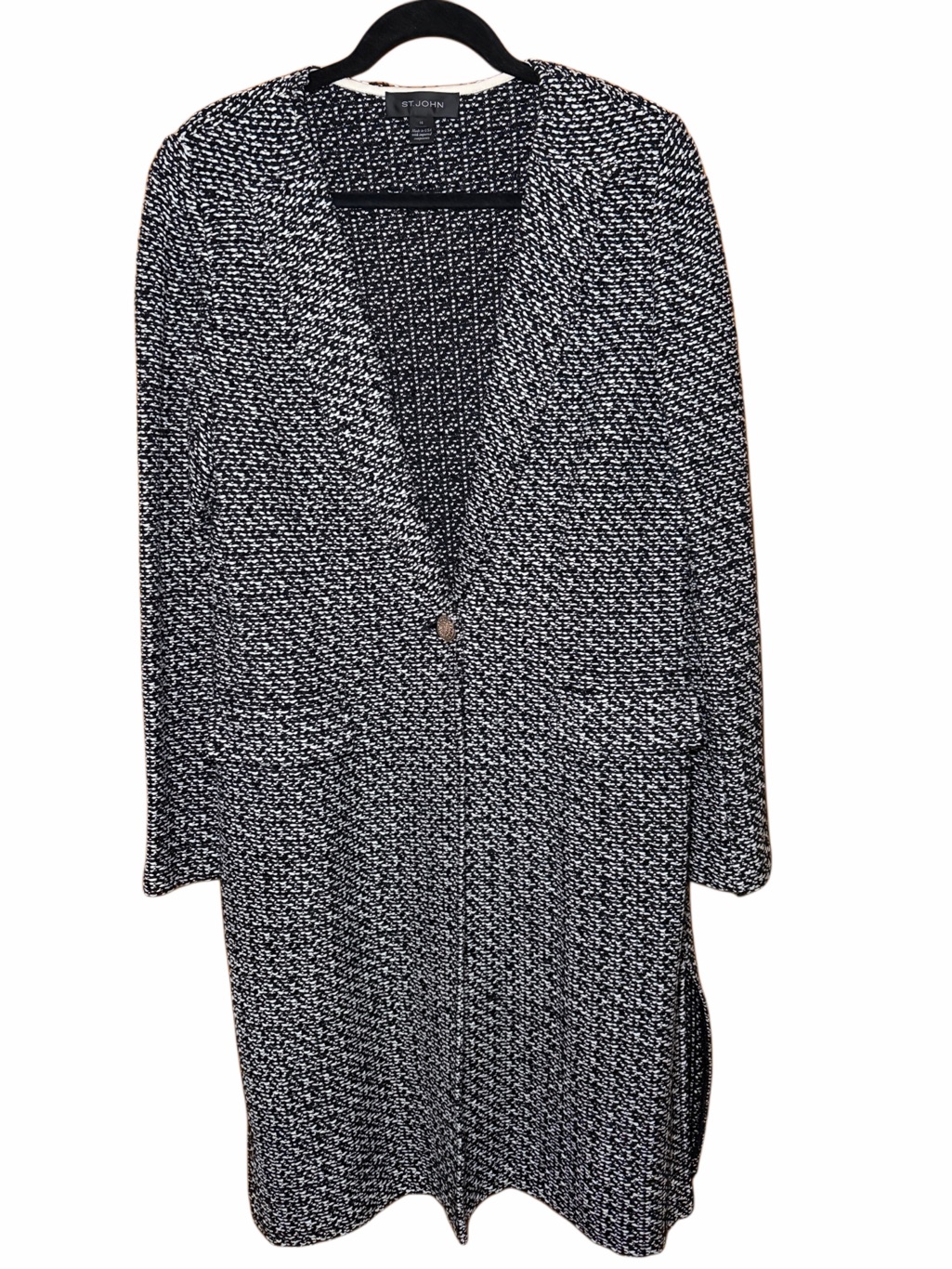 St. John Couture Long Black & White Tweed Duster Jacket Coat Sz 14 Button